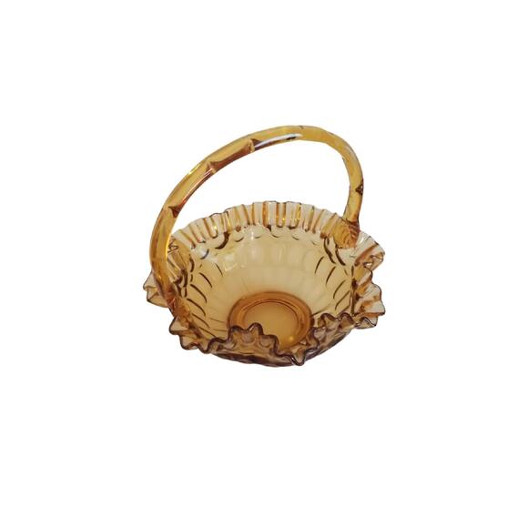 Fenton amber Glass Thumbprint Ruffle Basket with applied Handle - Picture 3 of 9